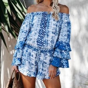 Surf Gypsy Boho Off The Shoulder Rayon Ruffle Sleeve Romper Size M